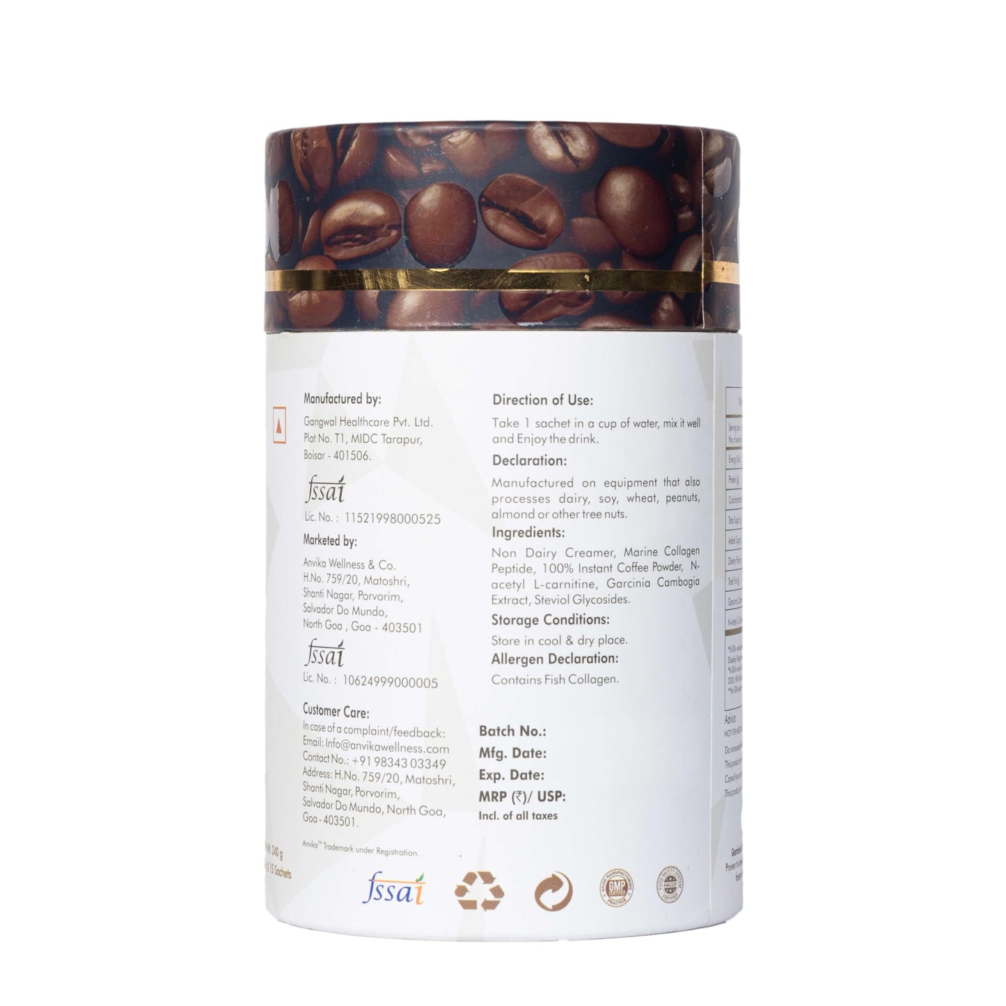 Anvika Slender Collagen Coffee with Marine Collagen Peptides, Garcinia Cambogia & L-Carnitine | Supports Weight Management, Boost Metabolism | Real Coffee Flavor | 150g