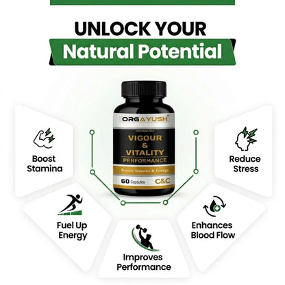 ORGAYUSH Vigour & Vitality Capsules – Energy, Stamina & Muscle Support Supplement with Herbal Extracts, Vitamins & Amino Acids for Performance & Recovery(Pack of 1)