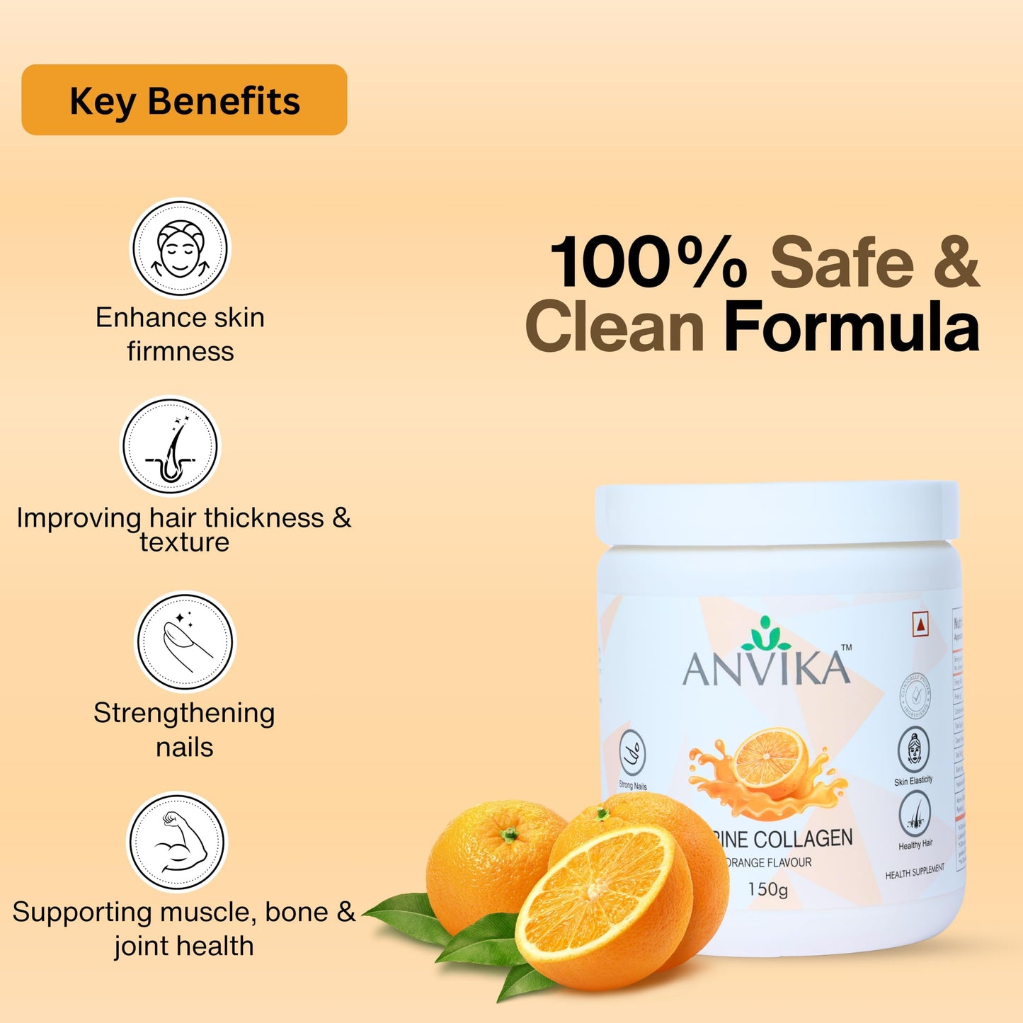 Anvika Marine Collagen Peptides Supplement for Skin, Hair, Nails. Bone & Joint | Clinically Proven | Hydrolyzed Marine Collagen Peptides | Collagen Supplements for Women & Men, Orange Flavour, 150 gms