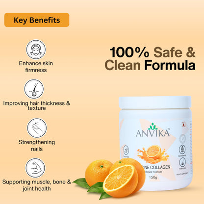 Anvika Marine Collagen Peptides Supplement for Skin, Hair, Nails. Bone & Joint | Clinically Proven | Hydrolyzed Marine Collagen Peptides | Collagen Supplements for Women & Men, Orange Flavour, 150 gms