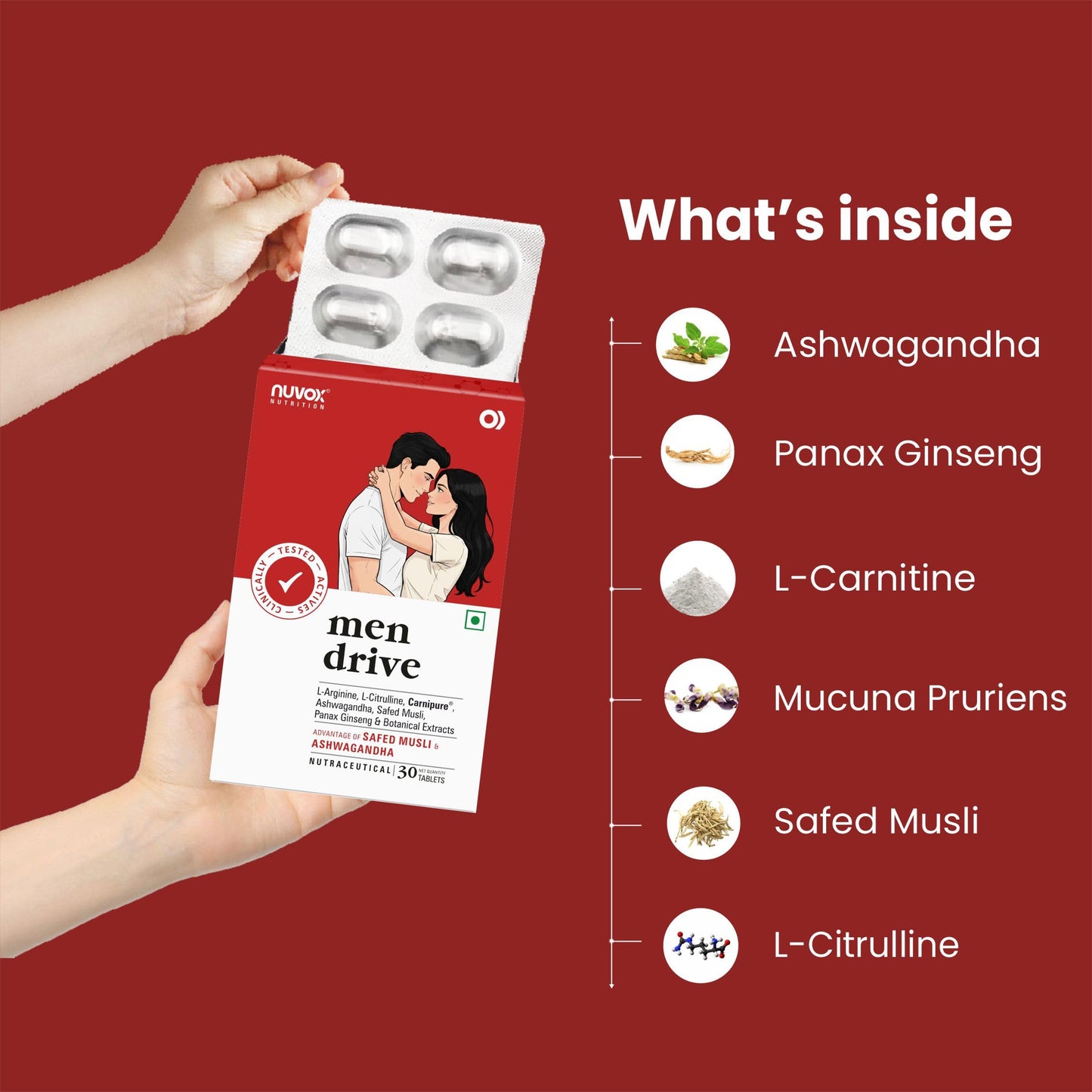 NUVOX Men Drive | Made with goodness of Ashwagandha, Safed Musli & Other Herbs | Helps to Boost Stamina, Strengthens Immunity & Endurance| 30 Tabs