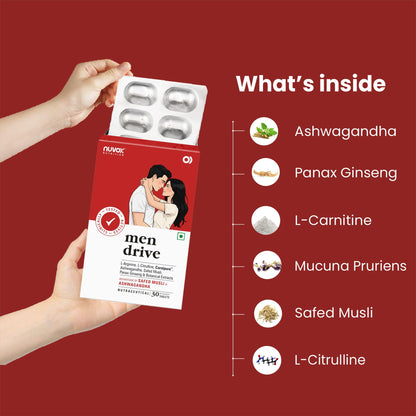 NUVOX Men Drive | Made with goodness of Ashwagandha, Safed Musli & Other Herbs | Helps to Boost Stamina, Strengthens Immunity & Endurance| 30 Tabs