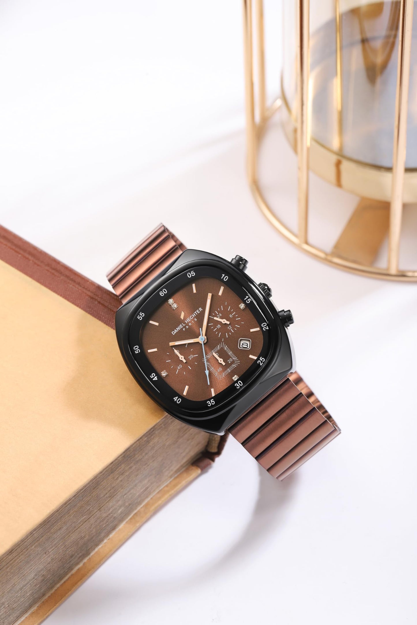 Daniel Hechter Paris Bercy Collection Modern Multi Functional Watch for Men with Square Dial and Stainless Steel Strap (Dial:Brown,Strap:Brown, Stainless Steel)