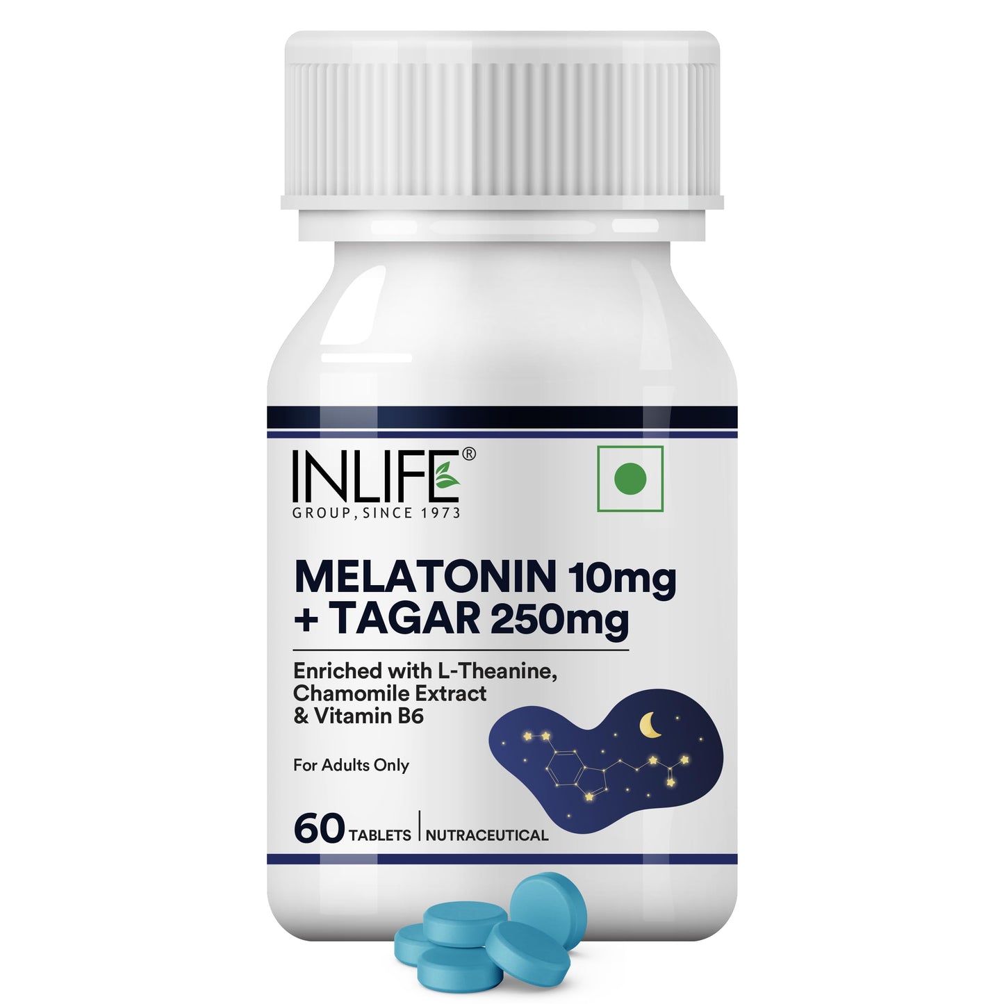 INLIFE Melatonin 10mg with Tagar 250mg | 60 Tablets | Enhanced with Vitamin B6 & Chamomile Extract | Non-Habit Forming (Pack of 1)