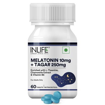 INLIFE Melatonin 10mg with Tagar 250mg | 60 Tablets | Enhanced with Vitamin B6 & Chamomile Extract | Non-Habit Forming (Pack of 1)