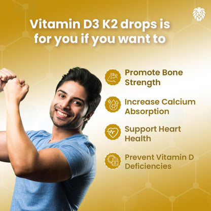 Healeo Vitamin D3 + K2 MK7 Fast-Acting Oral Drops | Supports Bone Health, Calcium Absorption & Immunity | Vitamin D Supplement for Men & Women - 50ml