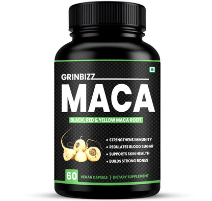 Grinbizz Maca Root Capsules | Black, Red & Yellow Maca Extract | Supports Energy, Stamina, Hormonal Balance & Immunity | Herbal Natural Supplement | 60 Vegan Capsules
