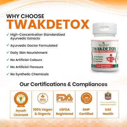 Twakdetox Skin Care Vegan Capsules (60) | Ayurvedic Skin Detox Supplement for Acne, Pimples, Clear & Glowing Skin | Blood Purifier Formula
