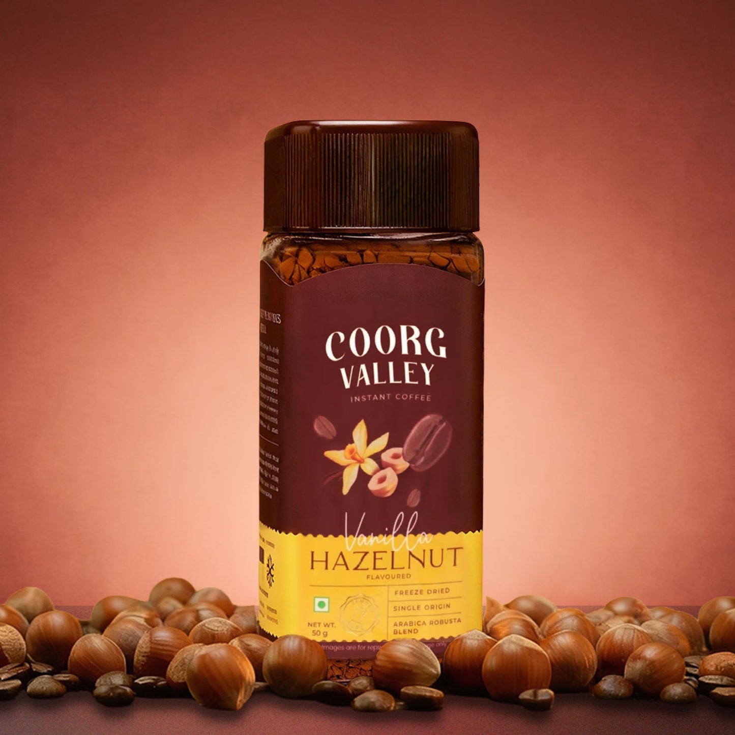 Coorg Valley Vanilla Hazelnut Instant Coffee 50g | Flavoured Coffee | Premium Blend of Robusta & Arabica | Freeze Dried | Make Café Style Hot & Cold Coffee at Home