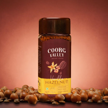 Coorg Valley Vanilla Hazelnut Instant Coffee 50g | Flavoured Coffee | Premium Blend of Robusta & Arabica | Freeze Dried | Make Café Style Hot & Cold Coffee at Home