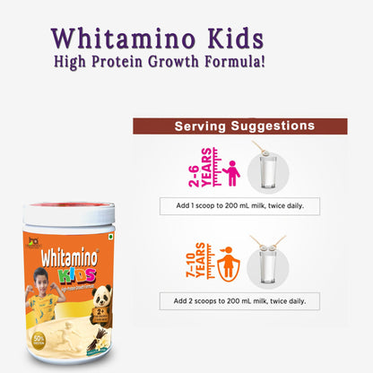 Whitamino, kids protein powder (2-10 Years) – High-Protein Nutritional Drink for Children with 12.5g Protein, 26 Vitamins & Minerals – Vanilla Flavor, 250g