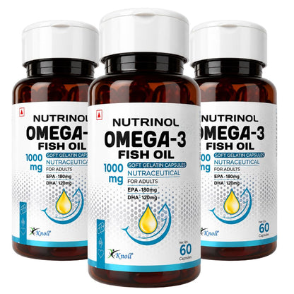 Knoll Nutrinol Fish Oil Omega 3 Capsules 1000mg | EPA & DHA Softgels for Heart, Brain, Bones & Joint Support | Daily Omega 3 Supplement for Men & Women | 60 Capsules (Pack of 3)
