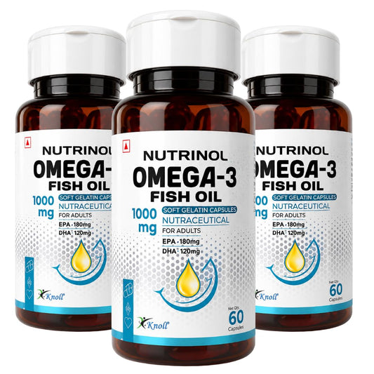 Knoll Nutrinol Fish Oil Omega 3 Capsules 1000mg | EPA & DHA Softgels for Heart, Brain, Bones & Joint Support | Daily Omega 3 Supplement for Men & Women | 60 Capsules (Pack of 3)