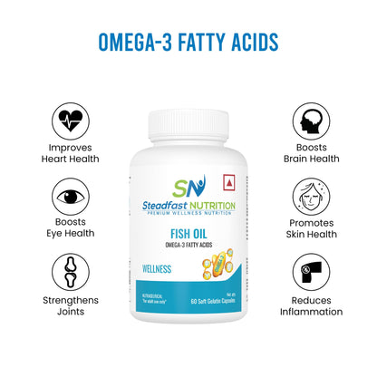 Steadfast Nutrition Fish Oil Omegs- 3, 1000mg Triple Strength for Healthy Heart, Brains, Joints & Body (60 Softgel Capsules)