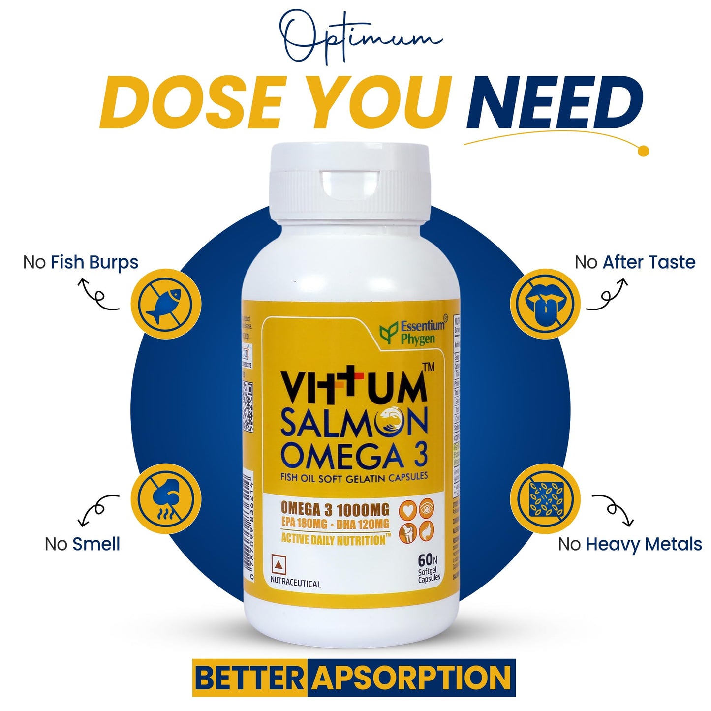 Essentium Phygen Vittum Omega-3 Salmon Fish Oil 1000mg, 60 Softgel Capsules, No Smell, EPA & DHA Supplement for Heart, Brain, and Eye Health