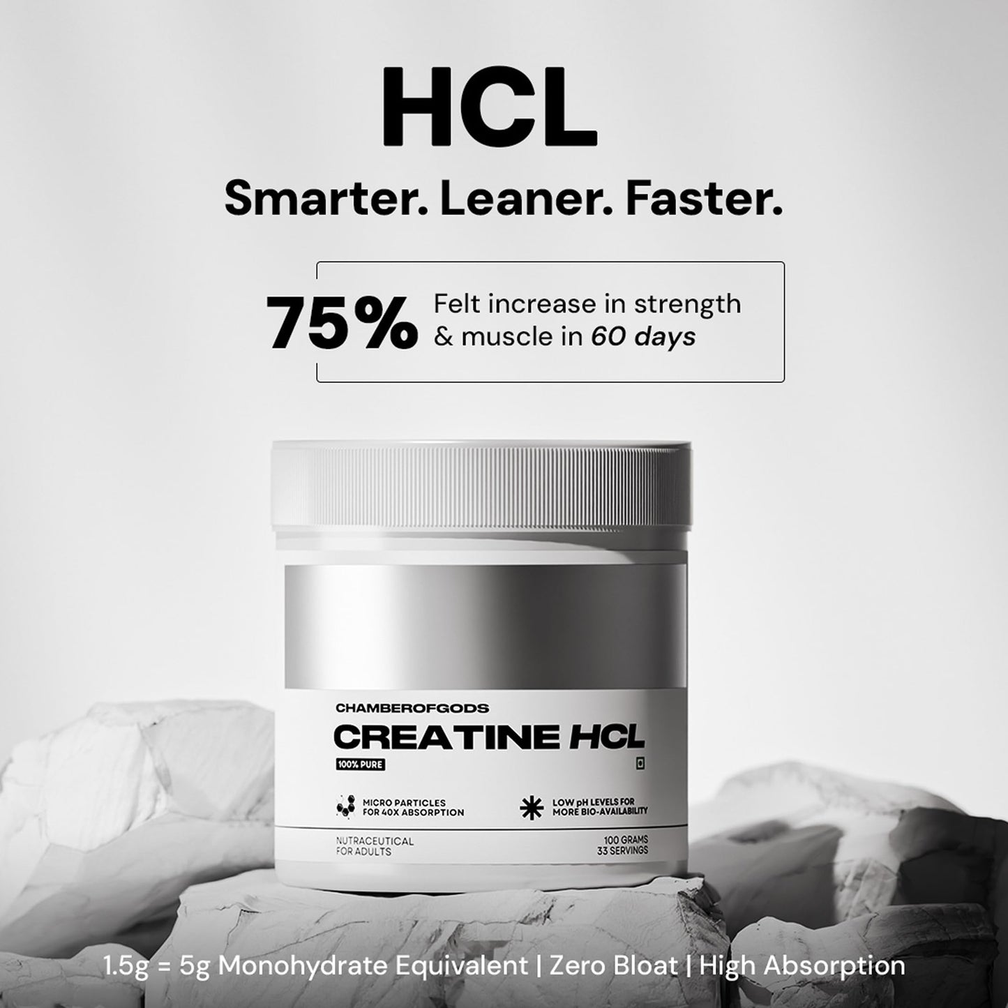 Chamberofgods Creatine Hcl | 40X Higher Absorption than Monohydrate | 100% Pure Unflavoured- 33 Servings