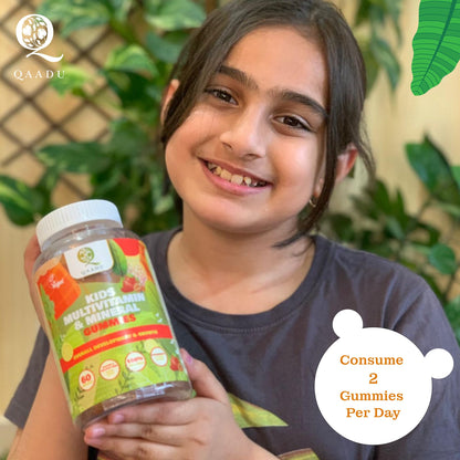 Qaadu Kids Multivitamin Gummies pack 2 | 60 X 2Gummies | Vitamins A, C, D, E, B12, Zinc | Daily Health, Energy Boost, Immune Support | Strawberry & Lemon Flavor | Power & Strength Gummies