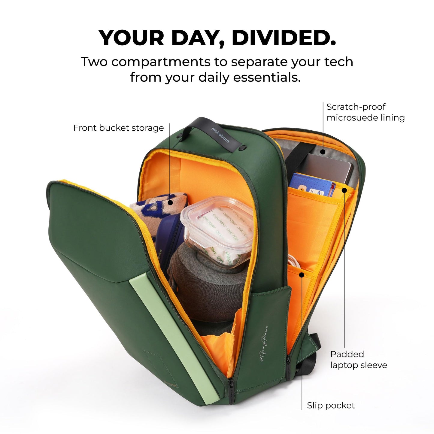 MOKOBARA The Autopilot Backpack Fits 15.6 Inch Laptop, 35L Capacity Premium Durable Nylon and Vegan Leather Green Unisex Multipurpose Laptop Backpack | Ideal for Office, Travel, School (Green Energy)