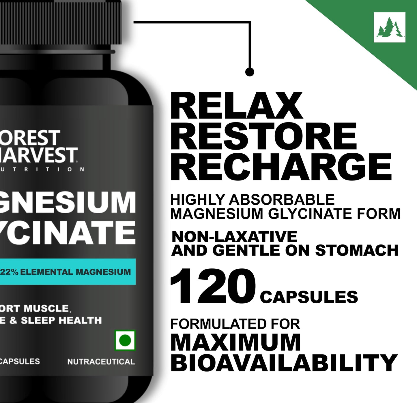 Forest Harvest Magnesium Glycinate | High Absorption Formula for Muscle Function, Relaxation & Nerve Health | 120 Vegetarian Capsules