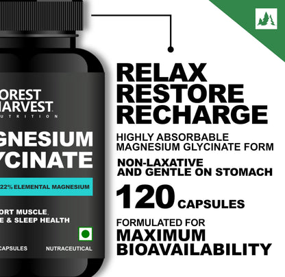 Forest Harvest Magnesium Glycinate | High Absorption Formula for Muscle Function, Relaxation & Nerve Health | 120 Vegetarian Capsules