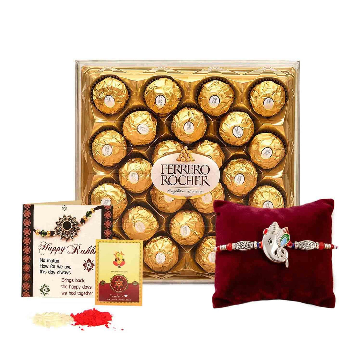 TIED RIBBONS Rakhi Gift For Brother With Chocolates - Premium Rakhi With Chocolates Pack Mini Greeting Card And Roli Chawal - Rakhi For Brother, 300 Gram