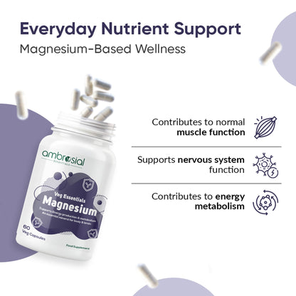 Ambrosial Magnesium Complex Food Supplement | Increases Muscle Functions | Reduces Tiredness | Boosts Energy Levels (pack of 1-60 Capsules)