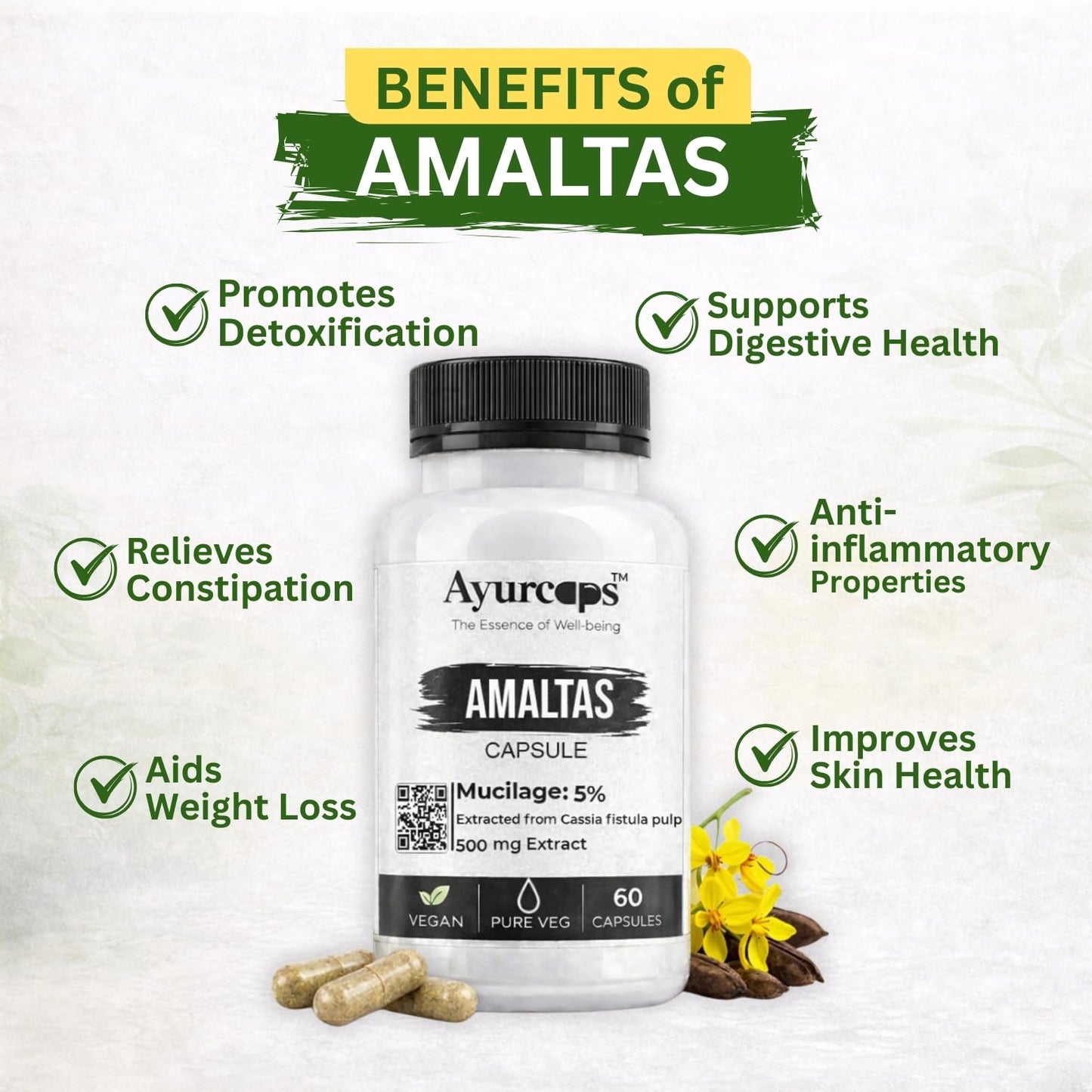 Ayurcaps Amaltas 500mg 60 Veg Capsules | Ayurvedic Herbal Digestive Support Supplement | Supports Gut Health And Natural Detox | Bowel Wellness And Daily Cleansing | Vegetarian, No Preservatives