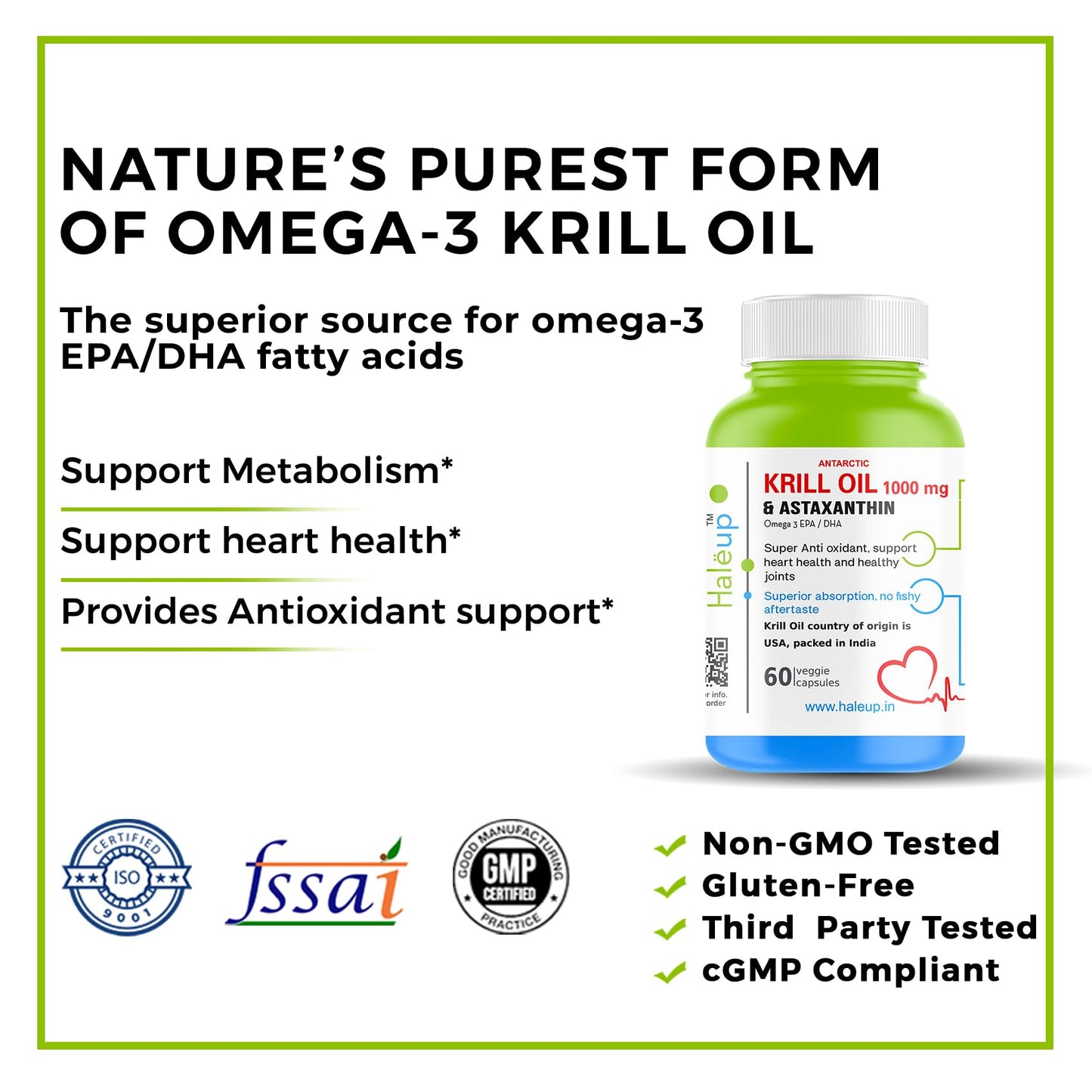 Haleup Antarctic Krill Oil Omega 3 Fatty Acid capsules 1000 mg, Highest Concentration of EPA DHA/Krill Oil for Men & Women, Supports Heart, Brain, Joint and Eye