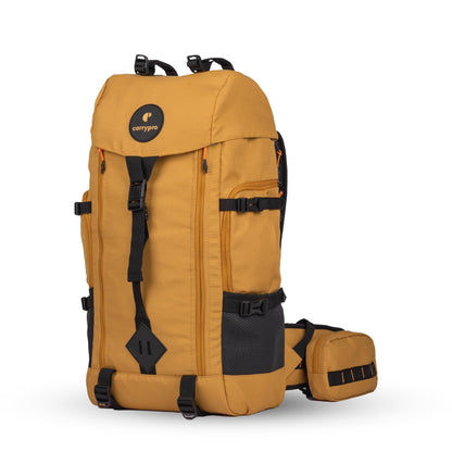 CarryPro HOBO40 v2.0– 40L Functional Travel Backpack for Men & Women, Camping, Biking, Trip, Trekking Bag, Fits 15.6” Laptop, Water-Resistant with Rain Cover, Travel Pouch, 2-Year Warranty(GoldenGlow)