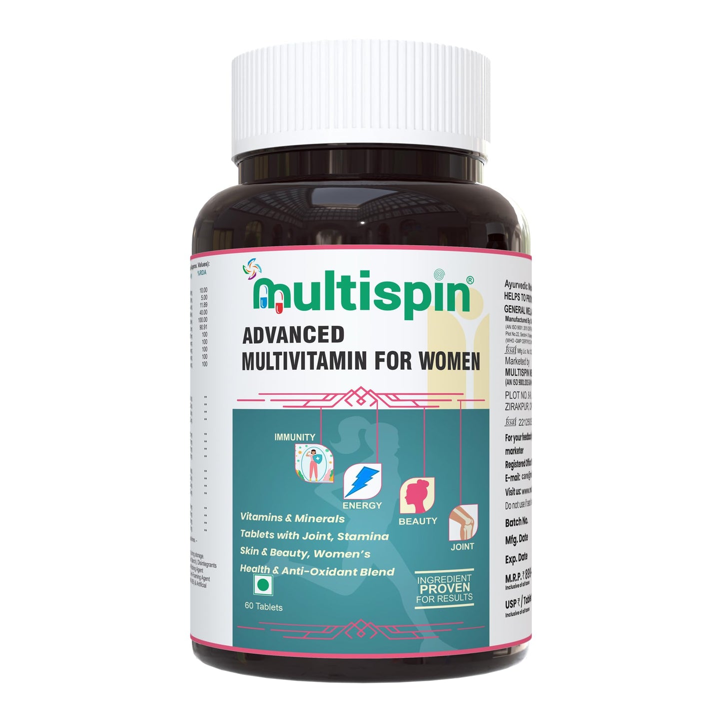 Multispin Advanced Multivitamin for Women (60 Tablets) | With 40 Clinically Researched Ingredients | For Glowing Skin, Shining Hair, Growing Nails, Energy, Immunity and Joint, PCOD, PCOS