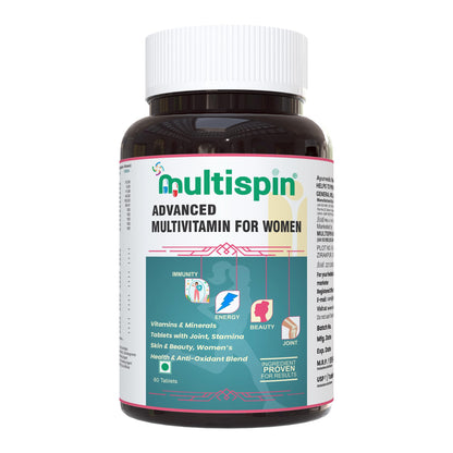 Multispin Advanced Multivitamin for Women (60 Tablets) | With 40 Clinically Researched Ingredients | For Glowing Skin, Shining Hair, Growing Nails, Energy, Immunity and Joint, PCOD, PCOS