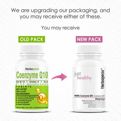 HERBAGENIX Coq10 Coenzyme Q10 300mg With Alpha Lipoic Acid Ala, Omega 3 Fatty Acid, Lycopene, Bioperine And Vitamin B1, B2 And B6 To Good Health Supplement-60 No Sugar Veg Tablets (No Capsule)