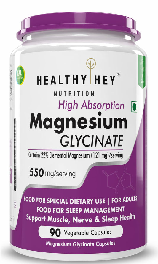 HealthyHey Nutrition High Absorption Magnesium Glycinate, 550mg - 90 Vegetable C