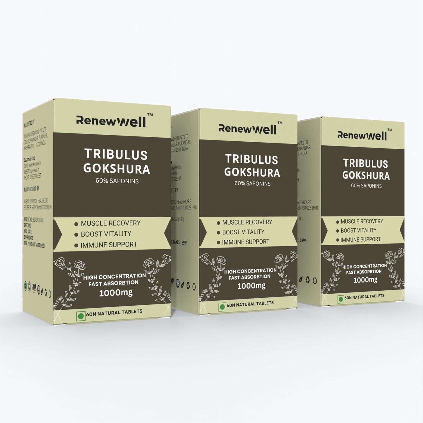 Renewwell Tribulus Gokshura 60 Tablets 1000mg | Highest 60% Saponins for Athletic performance | Enhances Muscle Growth | Best Tribulus Terrestris for Men & Women Overall Wellness (Pack of 3)