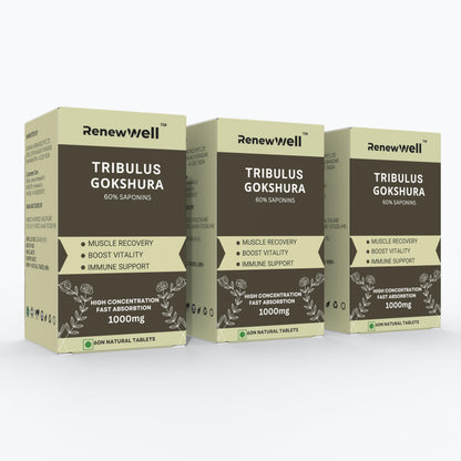 Renewwell Tribulus Gokshura 60 Tablets 1000mg | Highest 60% Saponins for Athletic performance | Enhances Muscle Growth | Best Tribulus Terrestris for Men & Women Overall Wellness (Pack of 3)
