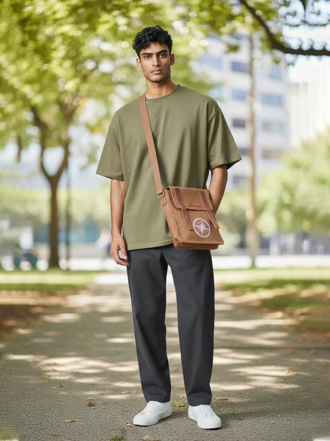 The House of Tara Canvas Side Sling Bag For Men & Women | Compact Messenger bag with Leather Strap on Flap Closure, Adjustable Shoulder Strap & Metal Buckle | Crossbody bag Suitable for Office (Khaki)