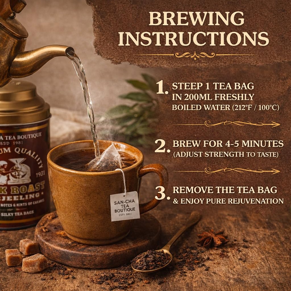 Sancha Dark Roast Darjeeling Tea | 25 Pyramid Bags | Roasted Darjeeling with Floral & Caramel Notes | Master Taster’s Selection