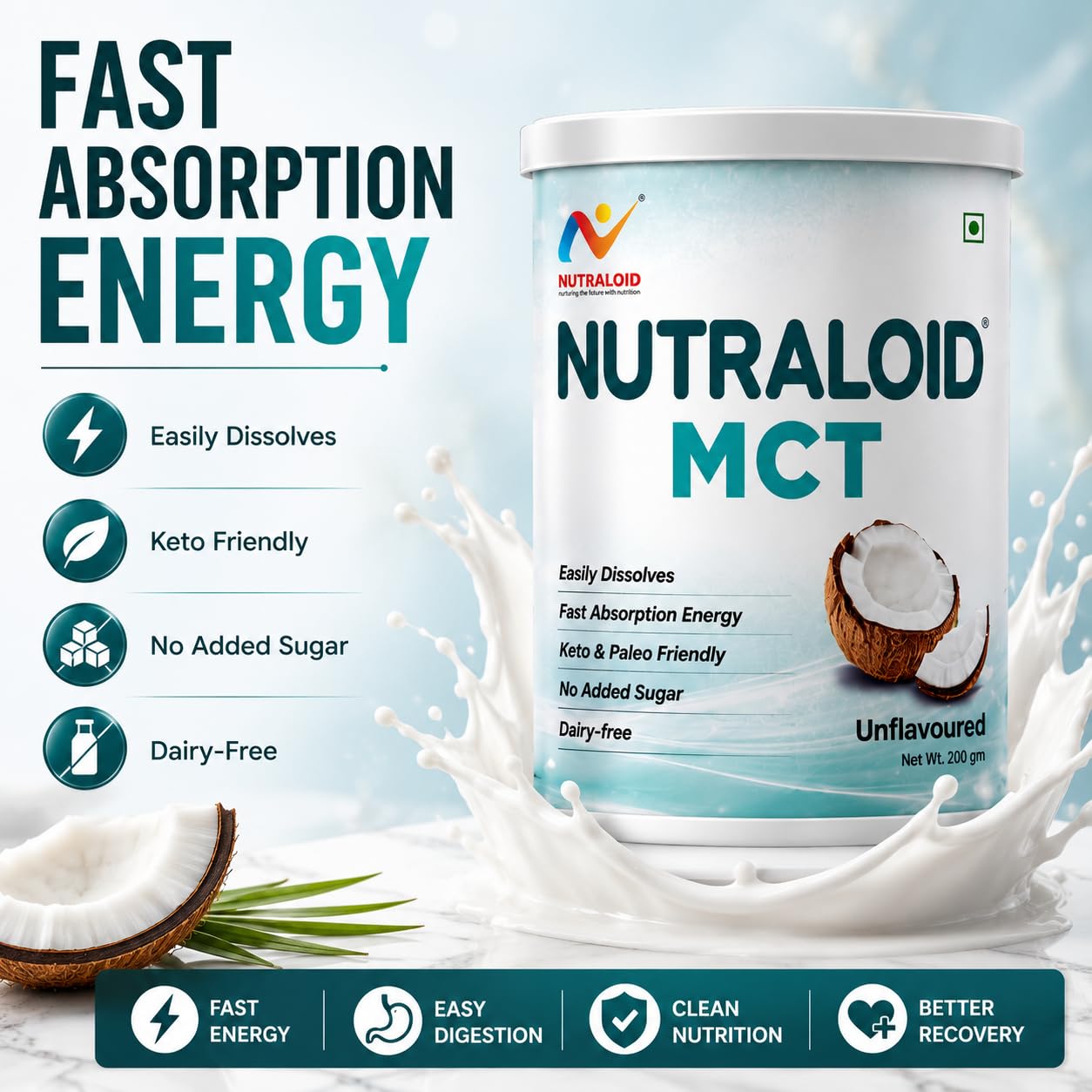 NUTRALOID MCT Powder 200g | Medium Chain Triglycerides Supplement for Instant Energy | Keto & Paleo Friendly | No Added Sugar | Dairy Free | Unflavoured Coconut MCT Powder