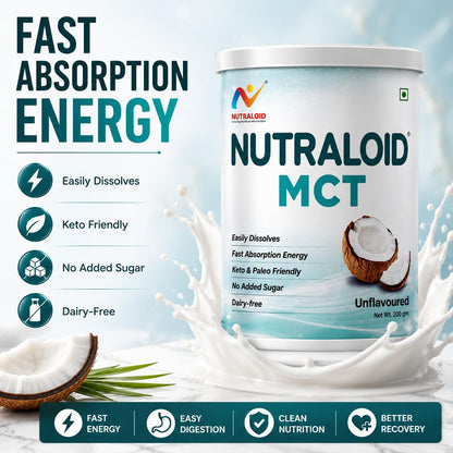 NUTRALOID MCT Powder 200g | Medium Chain Triglycerides Supplement for Instant Energy | Keto & Paleo Friendly | No Added Sugar | Dairy Free | Unflavoured Coconut MCT Powder