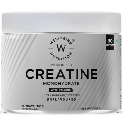 Wellbeing Nutrition Creatine Monohydrate Pure Micronised Powder | Rapid Absorption | Enhanced Muscle Strength, Performance, Recovery & Cognition | For Men & Women | Unflavoured 100g, 33 servings