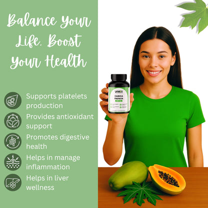 VREEX Carica Papaya Leaf Extract 500 mg – Supports Healthy Platelet Function, Immunity & Digestion – Natural Herbal Supplement (60 Capsules)