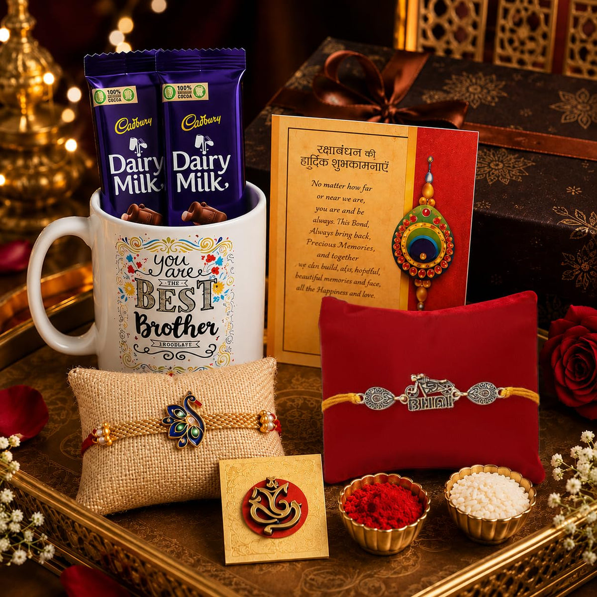 Rakhi Gift for Brother With Mug Chocolate Gift Combo, Rakhi Set for brother , Best Brother Rakhi Mug Gift Hamper, Raksha bandhan gift for brother with chocolate, Peacock Rakhi For Brother with Greeting Card,Tilak Set