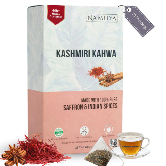 Namhya Kashmiri Kahwa Tea Bags | Boosts Mood & Energy | Aids Digestion | Rich in Antioxidants | Saffron, Cardamom, Cinnamon & Cloves | Balances Vata & Pitta | Natural & Preservative-Free | 25 Tea Bags (25 Cups)