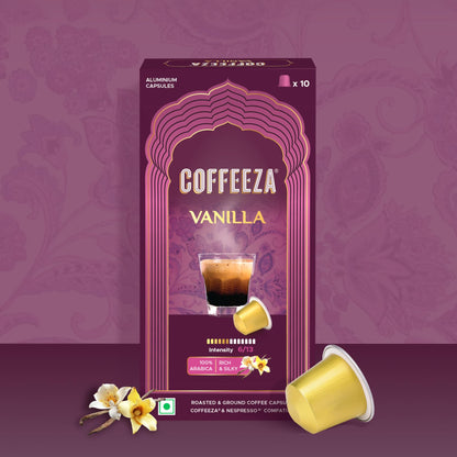 Coffeeza Vanilla Flavoured Coffee Capsules, Intensity - 6 | Aluminium Coffee Pods |100% Arabica | Box of 1 (10 Capsules)