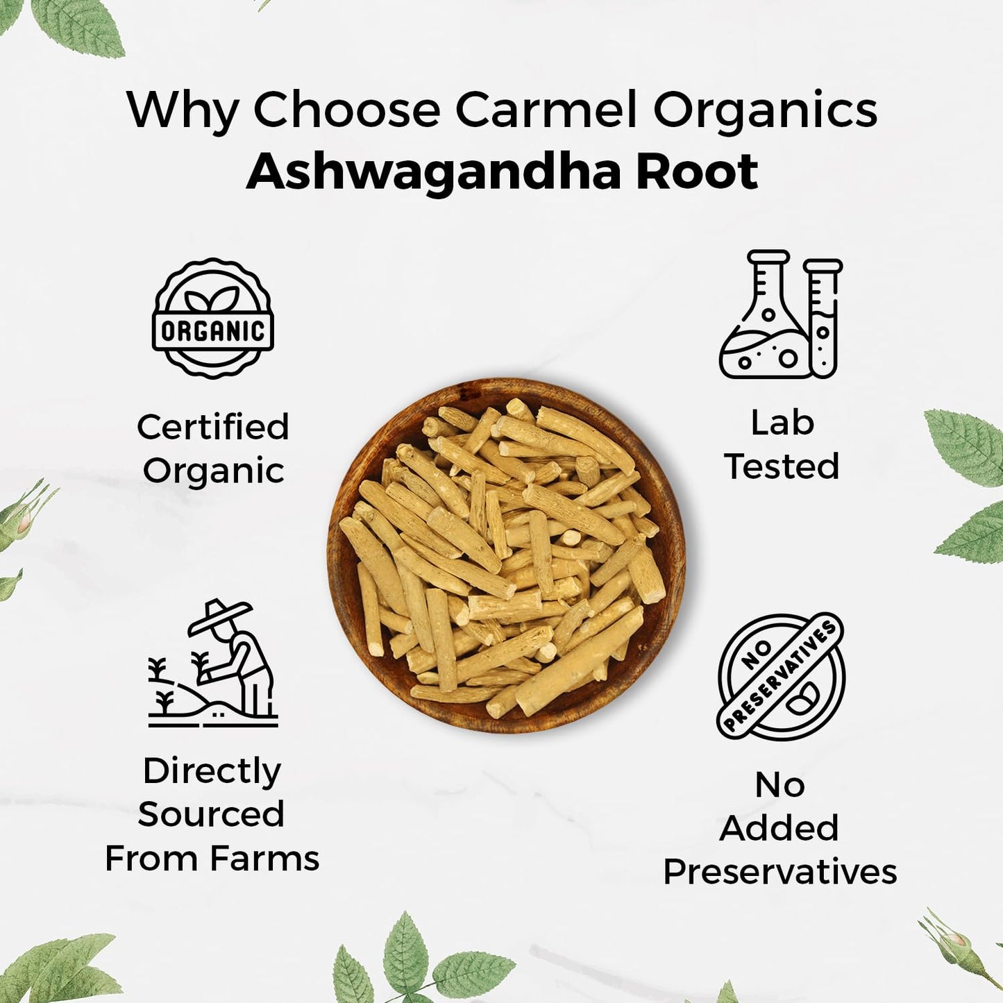 CARMEL ORGANICS Ashwagandha Root Whole (250 g) | Jaivik Bharat Certified | Helps Fight Anxiety and Stress | Withania Somnifera | Non-GMO | No added Preservatives