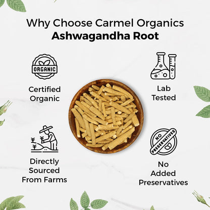 CARMEL ORGANICS Ashwagandha Root Whole (250 g) | Jaivik Bharat Certified | Helps Fight Anxiety and Stress | Withania Somnifera | Non-GMO | No added Preservatives