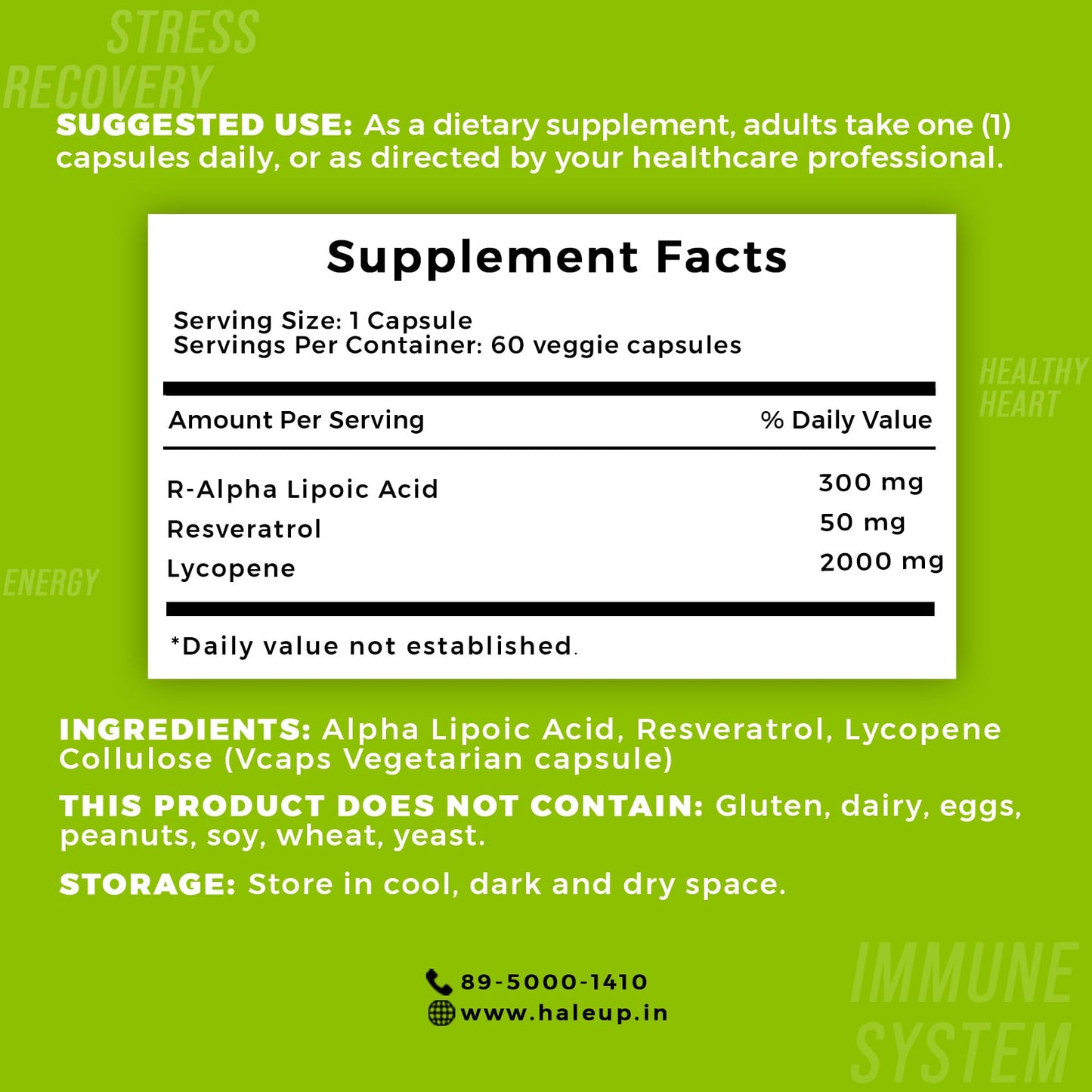 Haleup Alpha Lipoic Acid, 300 mg II Enriched with Lycopene & Resveratrol (60 capsules) || Healthy Liver || Heart || Blood Sugar & Potent Antioxidant