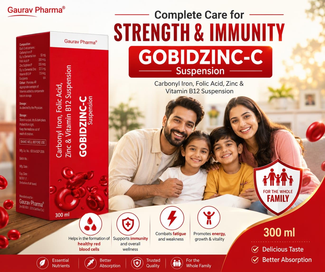 GOBIDZINC-C Suspension from Gaurav Pharma. Carbonyl Iron, Folic Acid, Zinc and Vitamin B12, 300 ml, for Whole Family