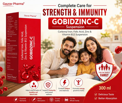 GOBIDZINC-C Suspension from Gaurav Pharma. Carbonyl Iron, Folic Acid, Zinc and Vitamin B12, 300 ml, for Whole Family