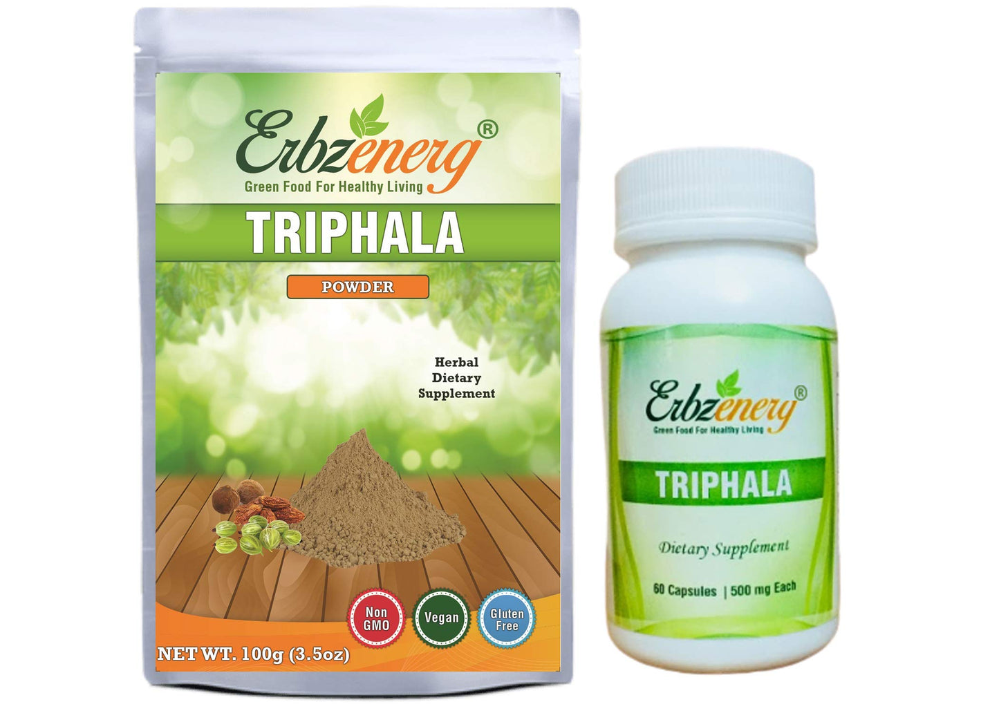 ERBZENERG Organic TRIPHALA Powder 100g and 60 Capsules